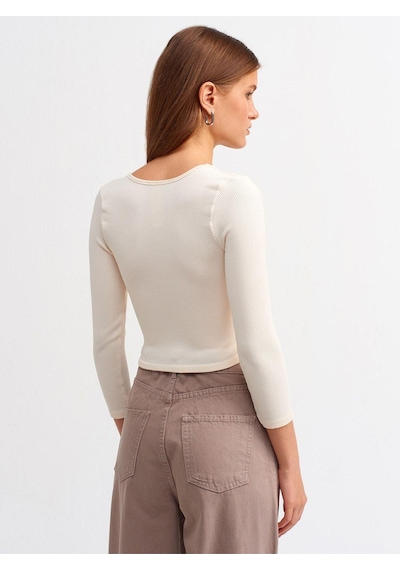 Dilvin 3529 Havuz Yaka Uzun Kollu Crop Top-natural-242 Natural