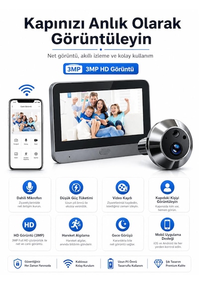 3mp Net Görüntü Wıfı Kapı Gözetleme Ekranlı Kapı Zili Kızıl Ötesi Gece Görüşü Hareket Algılama 4 Kullanıcıya Kadar Paylaşım Full Hd Çift Yönlü Ses Kapı Kamerası Akıllı Kapı Görüntüleyici