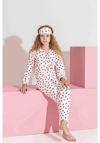 Miniğimin Cicileri Termal Kumaş Kalp Desenli Kız Çocuk Pijama... Beyaz