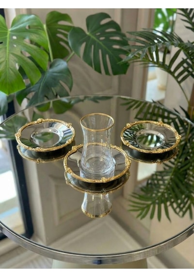 Elta Collection 12 Parça 6 Kişilik Gold Metal Çerçeveli Çay Seti 6 Bardak 6 Metal Tabak Lüks Sunum Gümüşmetal
