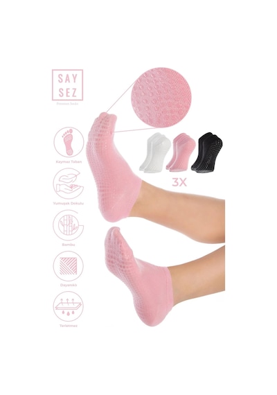 Saysez Bambu Kadın Kaydırmaz Taban Siyah-beyaz-pembe Silikon Pilates Yoga Fitness Aktivite Patik 3'lü Renkli