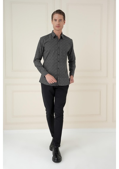 Efor Slim Fit Baskılı %100 Pamuk Spor Siyah Gömlek G 1587 Siyah
