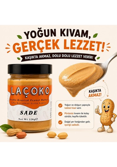 Laçoko 320 Gram Şekersiz, Katkısız, Glutensiz, Vegan, Doğal Çifte Kavrulmuş Yer Fıstığı Ezmesi 320 Gram Diğer