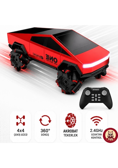 Oyuncak Uzaktan Kumandalı Şarjlı Akrobat Cybertruck Araba 4x4 Drift Araç Bilekten Kumandalı Led Işıklı 2.4 Ghz 6 Farklı Led Işık Modu 18 Cm