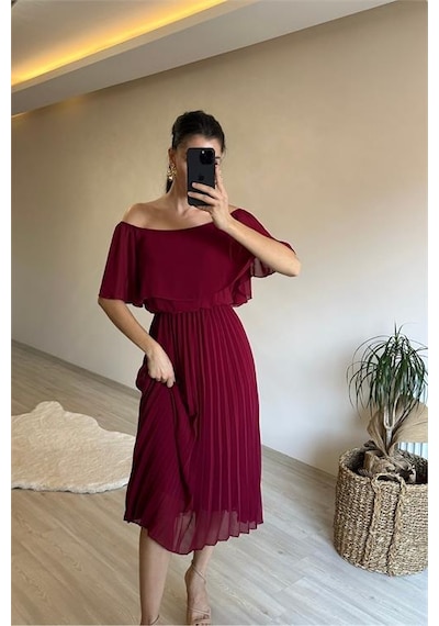Neşeli Butik Kadın Omzu Açık Piliseli Midi Şifon Elbise Nm006 Bordo