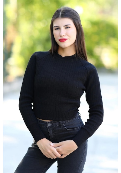 Giysa Kadın Siyah Fitilli Crop Triko Kazak Kısa Model Akrilik Kumaş Ribanalı - 3122 Siyah