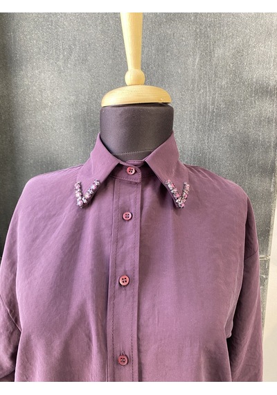 Pera Moda Yakası Taşlı Modal Kumaş Oversize Kadın Gömleği Mürdüm
