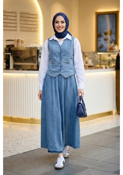 Hb Harma Time Butik Kadın Düğmeli Ve Cepli Kot Mavi Tunik Etek İkili Takım Mavi Mavi