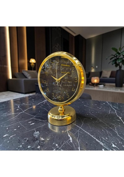 Gold Marble Masa Saati Altın Çerçeveli Siyah Mermer Desenli Modern Lüks Dekoratif Saat Altın
