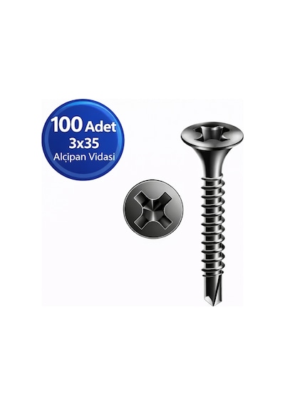 Matkap Uçlu Alçıpan Vidası Siyah 3.5x35 Mm 100 Adet Metal Profil Uyumlu 3.5*35