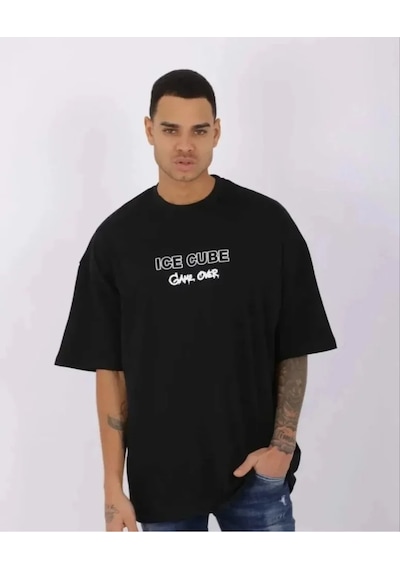 Unisex Bisiklet Yaka Baskılı Oversize T-shirt - Siyah - Siyah / L 10 Parça Siyah