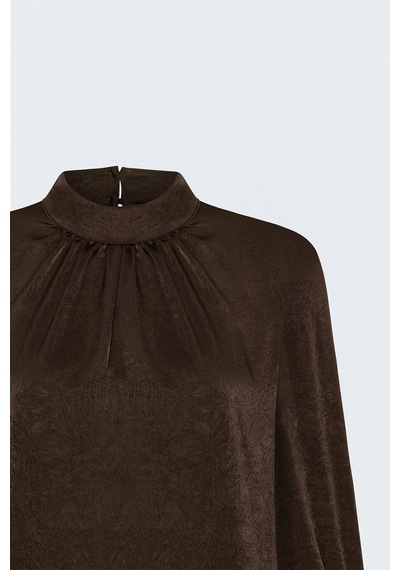 Sateen Uzun Kollu Bluz - Kahve-137894