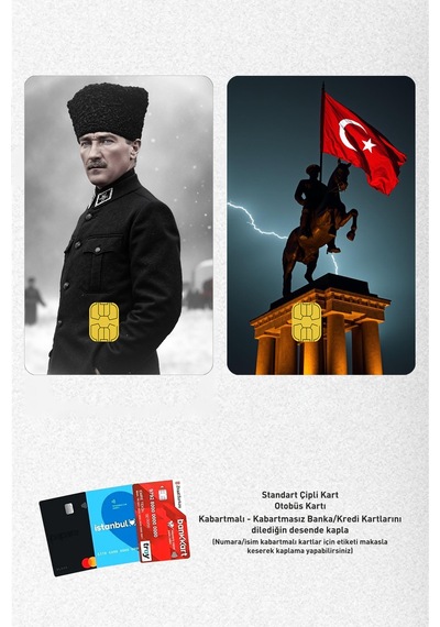 Atatürk Kalpaklı Ve Atlı 2'li Kart Kaplama Sticker, Çipli Banka/atm Kartlara Uyumlu Standart