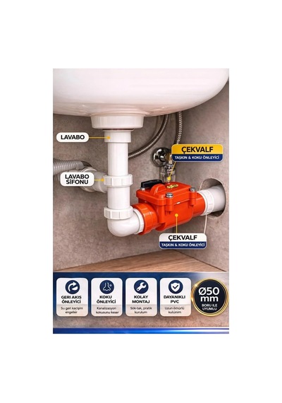 Tr Ø50 Mm Pvc Pis Su Çekvalfi, Lavabo Gideri İçin Koku Ve Taşkın Önleyici, Geri Akış Önleyici, Kilitleme Mandal Genel