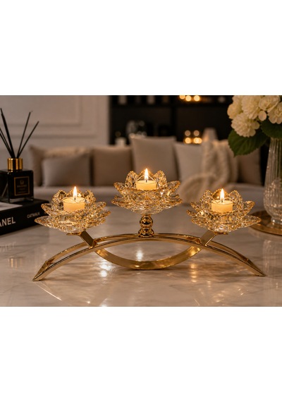 3 Kollu Kristal Cam Köprü Gold Renk Şamdan 40cm Uzunluk / 17cm Yükseklik Amber - Gold