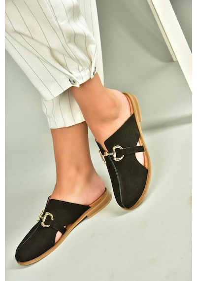 Fox Shoes U944150403 Siyah Hakiki Deri Önü Kapalı Kadın Terlik Siyah-hakiki Deri