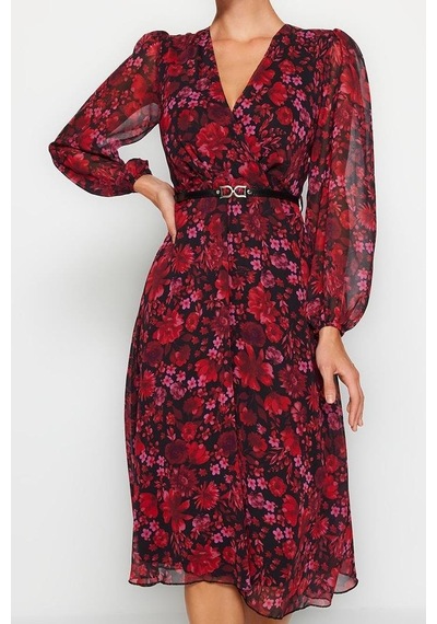 Ersefa Moda Stil Regular Kruvaze Midi Boy Kemerli A Kesim Yaka Desenli Ş Bordo