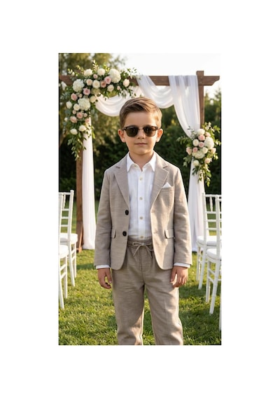 Baby Kids Colors Erkek Çocuk Flamlı Keten Salaş Ceketli Takım Elbise / Gömlek Pantolon Ceket Papyon Keten Takım Taş Rengi