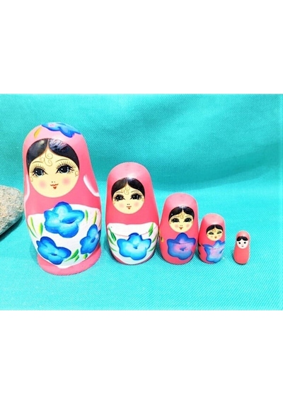 Sevgiliye Özel Günlere Hediye Dekoratif Süpriz  İç İçe Geçen Ahşap Pembe Matruşka Bebek 5'li A75