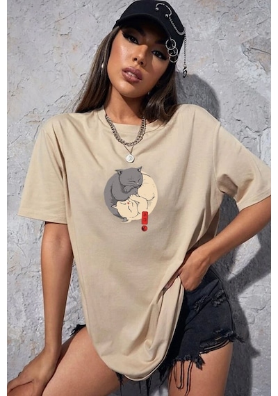 Unisex Kedi Baskılı T-shirt Bej