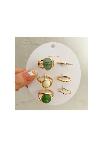 Oasis Gold Altın Renkli Mavi Yeşil Krem Doğal Taşlı Vintage Bohem 6 Parça 6'lı Yüzük Seti Kırmızı-Siyah