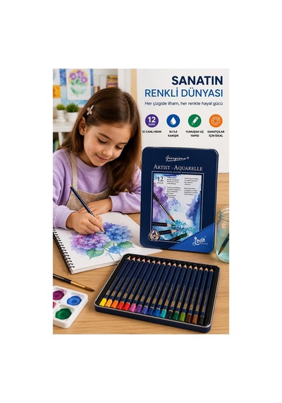 Aquarel Suluboya Kalemi 12 Renk 1 Paket Giorgione Teneke Kutu Sulu Boya Kalemi 12 Li Fırça Hediyeli Sanatsal Kaliteli Çok Renkli