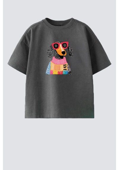 Monila Kız Çocuk Köpek Baskılı Pamuklu Bisiklet Yaka T-shirt Antrasit