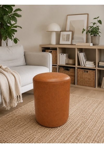 Taba Deri Puf 40x45 Cm Silindir Tasarım Dekoratif Oturma Pufu Salon Yatak Odası Antre
