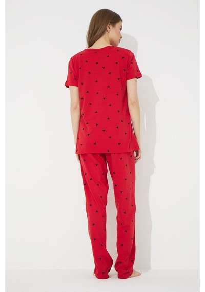 Siyah İnci Kırmızı Kısa Kollu Pamuklu Pijama Takımı