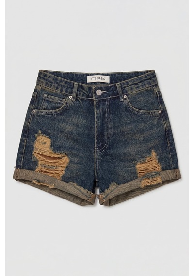 Itsbasic Kadın Koyu Kot 10s6 Mini Yırtık Detaylı Denim Şort