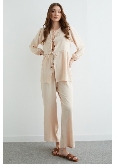 Fullamoda Fullamodest Önü Bağlamalı Ayrobin Kimono 2 Li Takım Bej