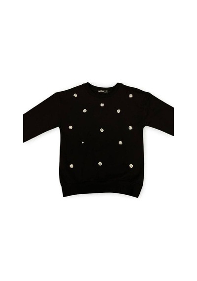 Kız Çocuk Pamuklu İnci İşlemeli İnce Sweatshirt-15007 Siyah