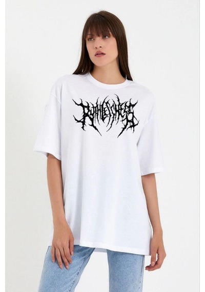 Kadın Baskılı T-shirt Kısa Kol Bisiklet Yaka Oversize Rahat Kalıp Günlük Tişört - Beyaz
