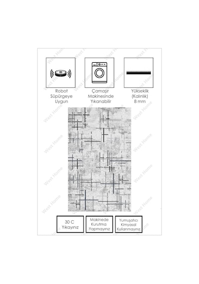 West Home Dijital Baskı Yıkanabilir Kaymaz Taban Salon Halısı Mutfak Halısı Yolluk Wh 488 Grey
