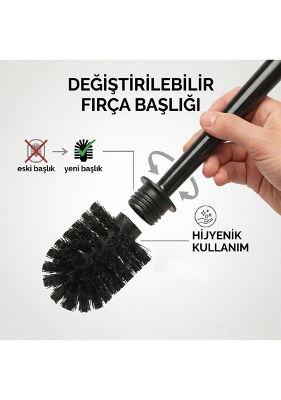 Plastik Tuvalet Fırçası, Mat Hazneli, Değiştirilebilir Başlıklı, Siyah Fırçalı, Wc Fırçası 1, Siyah Beyaz - Çok Renkli