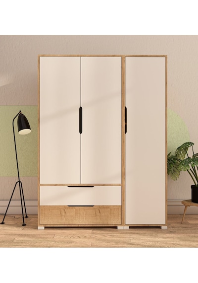 Flora 3 Kapaklı 2 Çekmeceli Gardırop Safir Meşe - Beyaz Elbise Dolabı