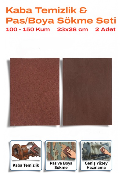 100-150 Kum Tabaka Zımpara 23x28 Cm 2 Adet Pas Ve Boya Sökme Seti