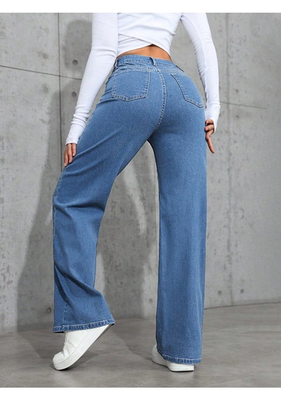 Orta Mavi Palazzo Pantolon Wide Leg Yüksek Bel Denim Jeans Orta Mavi