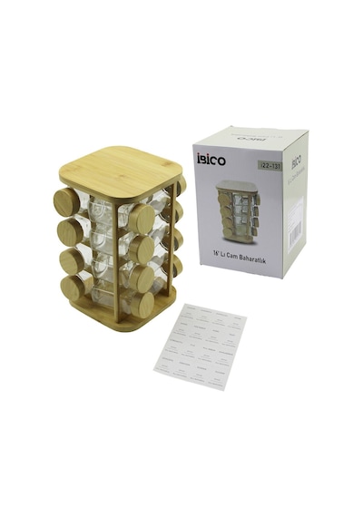 16pcs Kare - Döner Standlı Cam - Bambu Kapak Tuzluk - Baharatlık Bambu Stand 4887 Renkli