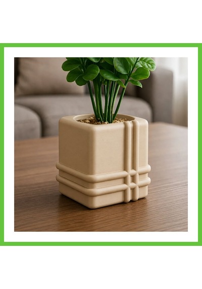 Bezos 3d Baskı Square Planter - Izgara Desenli Küp Saksı-bej Dmc