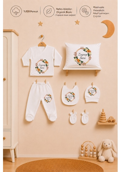 Pia Baby Kız Bebek İsme Özel %100 Pamuk Zıbın Set Ve Yastık Kılıfı Yenidoğan Bebek Hediyesi 1118yzyx Ekru