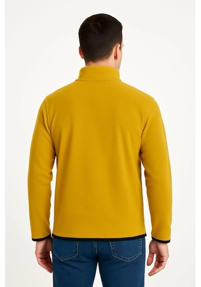 Efnaz Style Erkek Polar Kazak Dik Yaka, Yarım Fermuarlı, Fermuarlı Göğüs Cepli, Siyah Biyeli, Kışlık Rahat Regular Fit Günlük Model - Sarı