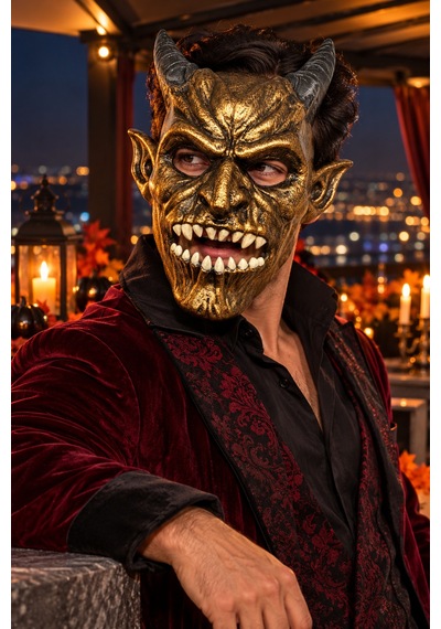 Halloween Boynuzlu Şeytan Yüz Maskesi Eskitme Bronz Altın Cadılar Bayramı Korku Kostüm Aksesuarı
