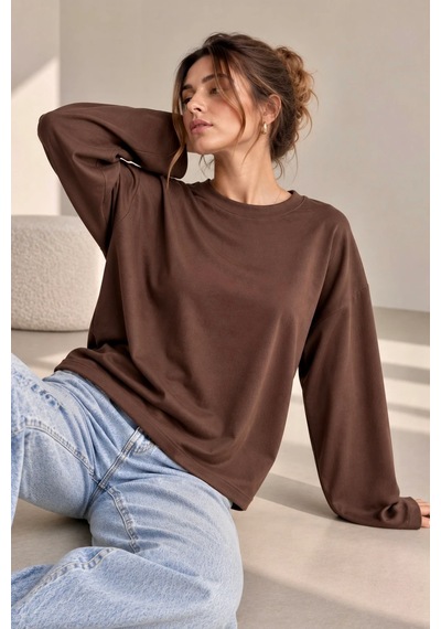 Bb Butik Basic Kadın Modal Oversize Bisiklet Yaka Sweatshirt Zg3535 Kahverengi