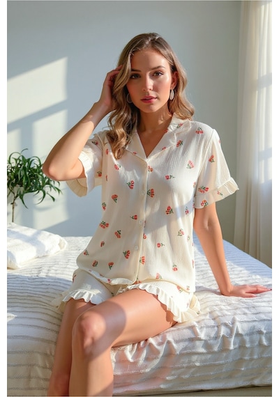 Bella Notte Çiçek Baskılı Fırfırlı Pijama Takımı Ekru