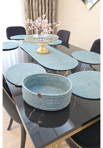 6 Lı Oval Supla 1 Runner 1 Dekoratif Ekmek Sepeti Seti Desenli Sunumluk Yemek Takımı Turkuaz