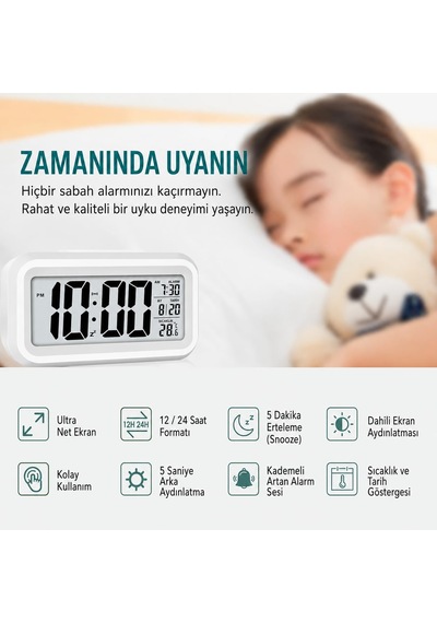 Dekoratif Dijital Alarmlı Saat Lcd Işıklı Termometreli Alarmlı Dijital Mini Masa Saati Masada Yer Kalamayan Ve Beli Diğer