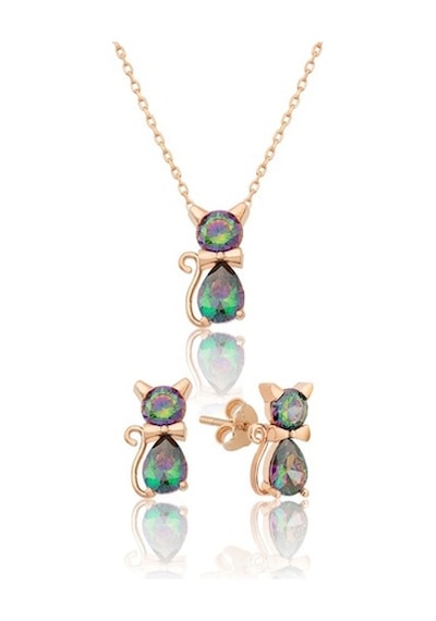 925 Ayar Mistik Topaz Taşlı Gümüş Kedi Küpe Kolye Set