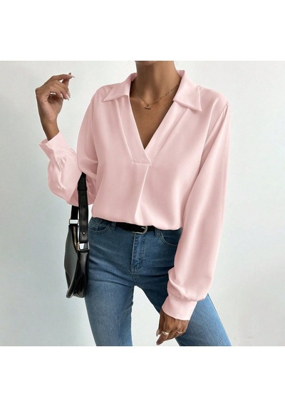 Soonaksesuar Kadın V Yaka Uzun Kollu Mosskrep Kumaş Bluz Pembe