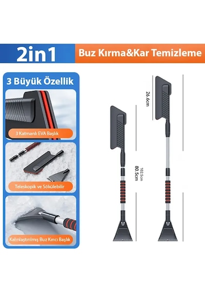 Ally Araba Kar Fırçası Kar Küreği Teleskopik Döndürülebilir Araç Kar Fırçası- 5775 Gri